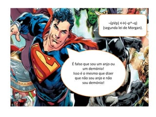 É falso que sou um anjo ou
um demónio!
Isso é o mesmo que dizer
que não sou anjo e não
sou demónio!
¬(pVp) ↔(¬p^¬q)
(segunda lei de Morgan).
 