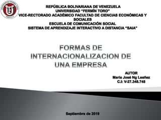 REPÚBLICA BOLIVARIANA DE VENEZUELA
UNIVERSIDAD “FERMÍN TORO”
VICE-RECTORADO ACADÉMICO FACULTAD DE CIENCIAS ECONÓMICAS Y
SOCIALES
ESCUELA DE COMUNICACIÓN SOCIAL
SISTEMA DE APRENDIZAJE INTERACTIVO A DISTANCIA “SAIA”
AUTOR
María José Ng Leañez
C.I: V-27.348.748
Septiembre de 2019
 