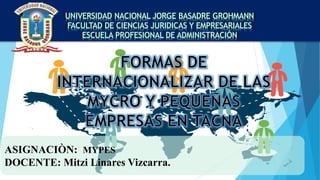 ASIGNACIÒN: MYPES
DOCENTE: Mitzi Linares Vizcarra.
UNIVERSIDAD NACIONAL JORGE BASADRE GROHMANN
FACULTAD DE CIENCIAS JURIDICAS Y EMPRESARIALES
ESCUELA PROFESIONAL DE ADMINISTRACIÓN
 