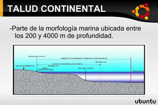 TALUD CONTINENTAL -Parte de la morfología marina ubicada entre los 200 y 4000 m de profundidad. 
