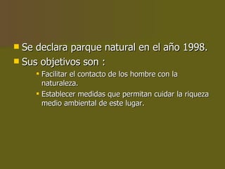 Se declara parque natural en el año 1998. Sus objetivos son :  Facilitar el contacto de los hombre con la naturaleza. Establecer medidas que permitan cuidar la riqueza medio ambiental de este lugar. 