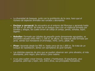La diversidad de bosques, junto con la prohibición de la caza, hace que el número de especies animales sea variada y abundante. Encinar y carrascal:  Se encuentra en el entorno del Moncayo y asciende hasta los 900 m. de altitud. Se trata de un bosque claro con un matorral formado por tomillos y aliagas, las cuales sirven de cobijo al conejo, perdiz, tórtolas, tejón, lagarto . Rebollar:  Formado por árboles de pequeño porte densamente agrupados, se encuentra situado entre 900 y 1.100 m. de altura. Su matorral está formado por jaras, siendo sus moradores el arrendajo, mirlo, zorro, jabalí, etc. Pinar:  Asciende desde los 900 m. hasta cerca de los 1.800 m. Se trata de un bosque de repoblación, denso con ejemplares de gran tamaño. Las distintas especies de pino que se pueden observar son: pino silvestre, el más abundante, pino negro, pino laricio y pino rodeno. A sus pies suelen crecer brezos, acebos y frambuesos. El piquituerto, pico picapinos, petirrojo y tejón, son, entre otros, sus principales moradores. 