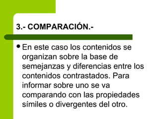 3.- COMPARACIÓN.-
En este caso los contenidos se
organizan sobre la base de
semejanzas y diferencias entre los
contenidos contrastados. Para
informar sobre uno se va
comparando con las propiedades
símiles o divergentes del otro.
 