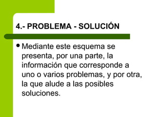 4.- PROBLEMA - SOLUCIÓN
Mediante este esquema se
presenta, por una parte, la
información que corresponde a
uno o varios problemas, y por otra,
la que alude a las posibles
soluciones.
 