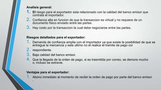 Analisis general:

1.

El riesgo para el exportador esta relacionado con la calidad del banco emisor que
contrata el importador.

2.

Confianza alta en funcion de que la transaccion es virtual y no requiere de un
documento fisico enviado entre las partes.

3.

Hay costo por la transaccion la cual debe negociarse entre las partes.

Riesgos detallados para el exportador:

1.

Demanda de confianza amplia con el importador ya que existe la posibilidad de que se
entregue la mercancia y este ultimo no el realice el tramite de pago cor

2.
3.
4.

respondiente.
Baja calidad del banco emisor.
Que la llegada de la orden de pago, si es trasmitida por correo, se demore mucho
o, incluso se extravie.

Ventajas para el exportador:

1.

Abono inmediato al momento de recibir la orden de pago por parte del banco emisor
.

 