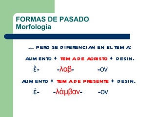FORMAS DE PASADO
Morfología

   … pero se d iferencian en el tem a:
  aum ento + tem a d e aoristo + d esin.
    ἔ-      -λαβ-         -ον
 aum ento + tem a d e presente + d esin.
    ἐ-     -λάμβαν-        -ον
 