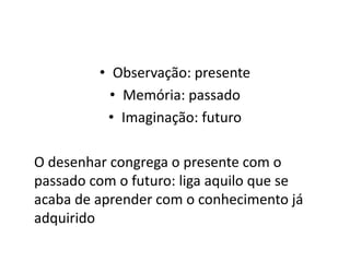 • Observação: presente
           • Memória: passado
          • Imaginação: futuro

O desenhar congrega o presente com o
passado com o futuro: liga aquilo que se
acaba de aprender com o conhecimento já
adquirido
 