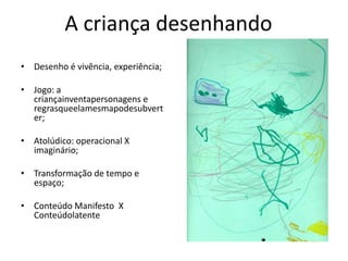 A criança desenhando
• Desenho é vivência, experiência;

• Jogo: a
  criançainventapersonagens e
  regrasqueelamesmapodesubvert
  er;

• Atolúdico: operacional X
  imaginário;

• Transformação de tempo e
  espaço;

• Conteúdo Manifesto X
  Conteúdolatente
 