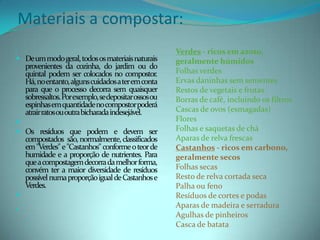 Materiais a compostar: De um modo geral, todos os materiais naturais provenientes da cozinha, do jardim ou do quintal podem ser colocados no compostor. Há, no entanto, alguns cuidados a ter em conta para que o processo decorra sem quaisquer sobressaltos. Por exemplo, se depositar ossos ou espinhas em quantidade no compostor poderá atrair ratos ou outra bicharada indesejável.  Os resíduos que podem e devem ser compostados  são, normalmente, classificados em "Verdes" e "Castanhos" conforme o teor de humidade e a proporção de nutrientes. Para que a compostagem decorra da melhor forma, convém ter a maior diversidade de resíduos possível numa proporção igual de Castanhos e Verdes.  Verdes - ricos em azoto, geralmente húmidosFolhas verdes Ervas daninhas sem sementes Restos de vegetais e frutas Borras de café, incluindo os filtros Cascas de ovos (esmagadas) Flores Folhas e saquetas de chá Aparas de relva frescas Castanhos - ricos em carbono, geralmente secosFolhas secas Resto de relva cortada seca Palha ou feno Resíduos de cortes e podas Aparas de madeira e serradura Agulhas de pinheiros Casca de batata 