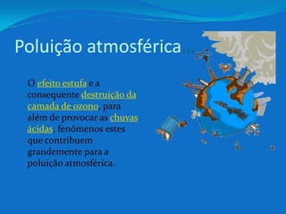 Poluição atmosférica…O efeito estufa e a consequente destruição da camada de ozono, para além de provocar as chuvas ácidas, fenómenos estes que contribuem grandemente para a poluição atmosférica.