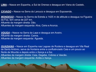 LIMA – Nasce em Espanha, a Sul de Orense e desagua em Viana do Castelo.CÁVADO – Nasce na Serra do Larouco e desagua em Esposende. MONDEGO – Nasce na Serrra da Estrela a 1425 m de altitude e desagua na Figueira da Foz, tem cerca de 227 km.Afluente da margem direita: Dão.Afluentes da margem esquerda: Alva, Ceira e Arunca.VOUGA – Nasce na Serra da Lapa e desagua em Aveiro.Afluente da margem direita: Caima.Afluente da margem esquerda: Águeda.GUADIANA – Nasce em Espanha nas Lagoas de Ruidera e desagua em Vila Real de Santo António, serve de fronteira entre a confluênciado Caia e um pouco ao Norte de Mourão e depois entre o Xança e a foz.Afluentes da margem direita: Caia, Degebe, Cobres e Vascão.Afluentes da margem esquerda: Ardila e Xança.