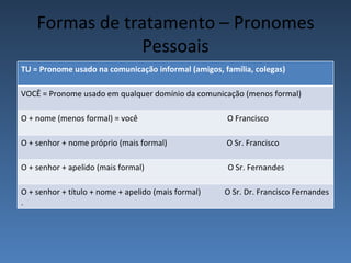 Formas de tratamento – Pronomes
                Pessoais
TU = Pronome usado na comunicação informal (amigos, família, colegas)

VOCÊ = Pronome usado em qualquer domínio da comunicação (menos formal)

O + nome (menos formal) = você                       O Francisco

O + senhor + nome próprio (mais formal)              O Sr. Francisco

O + senhor + apelido (mais formal)                    O Sr. Fernandes

O + senhor + título + nome + apelido (mais formal)   O Sr. Dr. Francisco Fernandes
.
 