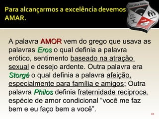 22
A palavra AMORAMOR vem do grego que usava as
palavras ErosEros o qual definia a palavra
erótico, sentimento baseado na atração
sexual e desejo ardente. Outra palavra era
StorgéStorgé o qual definia a palavra afeição,
especialmente para família e amigos; Outra
palavra PhilosPhilos definia fraternidade reciproca,
espécie de amor condicional “você me faz
bem e eu faço bem a você”.
 
