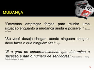 24
"Devemos empregar forças para mudar uma
situação enquanto a mudança ainda é possível.” Giovani
de Paula
"Se você deseja chegar aonde ninguém chegou,
deve fazer o que ninguém fez." Cepik
“É o grau de comprometimento que determina o
sucesso e não o número de servidores” Frase do Filme - Harrey
Potter 7 , Relíquias da Morte.
 