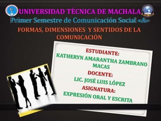 UNIVERSIDAD TÉCNICA DE MACHALA 
Primer Semestre de Comunicación Social «A» 
FORMAS, DIMENSIONES Y SENTIDOS DE LA 
COMUNICACIÓN 
 