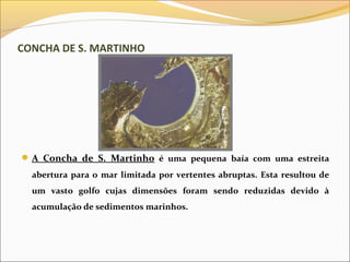 CONCHA DE S. MARTINHO




 A Concha de S. Martinho é uma pequena baía com uma estreita
  abertura para o mar limitada por vertentes abruptas. Esta resultou de
  um vasto golfo cujas dimensões foram sendo reduzidas devido à
  acumulação de sedimentos marinhos.
 