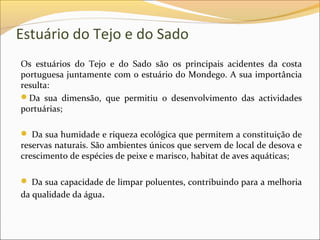 Estuário do Tejo e do Sado
Os estuários do Tejo e do Sado são os principais acidentes da costa
portuguesa juntamente com o estuário do Mondego. A sua importância
resulta:
Da sua dimensão, que permitiu o desenvolvimento das actividades
portuárias;

 Da sua humidade e riqueza ecológica que permitem a constituição de
reservas naturais. São ambientes únicos que servem de local de desova e
crescimento de espécies de peixe e marisco, habitat de aves aquáticas;

 Da sua capacidade de limpar poluentes, contribuindo para a melhoria
da qualidade da água.
 