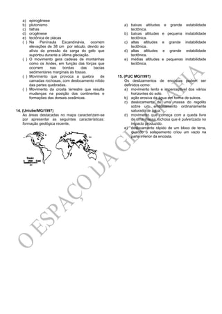 a) epirogênese
b) plutonismo
c) falhas
d) orogênese
e) tectônica de placas
( ) Na Península Escandinávia, ocorrem
elevações de 38 cm por século. devido ao
alívio da pressão da carga do gelo que
suportou durante a última glaciação.
( ) O movimento gera cadeias de montanhas
como os Andes, em função das forças que
ocorrem nas bordas das bacias
sedimentares marginais às fossas.
( ) Movimento que provoca a quebra de
camadas rochosas, com deslocamento nítido
das partes quebradas.
( ) Movimento da crosta terrestre que resulta
mudanças na posição dos continentes e
formações das dorsais oceânicas.
14. (Uniube/MG/1997)
As áreas destacadas no mapa caracterizam-se
por apresentar as seguintes características:
formação geológica recente,
a) baixas altitudes e grande estabilidade
tectônica.
b) baixas altitudes e pequena instabilidade
tectônica.
c) altas altitudes e grande instabilidade
tectônica.
d) altas altitudes e grande estabilidade
tectônica.
e) médias altitudes e pequenas instabilidade
tectônica.
15. (PUC MG/1997)
Os deslizamentos de encostas podem ser
definidos como:
a) movimento lento e imperceptível dos vários
horizontes do solo.
b) ação erosiva da água em forma de sulcos.
c) deslocamento de uma massa do regolito
sobre um embasamento ordinariamente
saturado de água.
d) movimento que começa com a queda livre
de uma massa rochosa que é pulverizada no
impacto produzido.
e) deslocamento rápido de um bloco de terra,
quando o solapamento criou um vazio na
parte inferior da encosta.
 