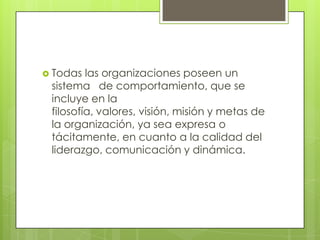  Todas  las organizaciones poseen un
 sistema de comportamiento, que se
 incluye en la
 filosofía, valores, visión, misión y metas de
 la organización, ya sea expresa o
 tácitamente, en cuanto a la calidad del
 liderazgo, comunicación y dinámica.
 