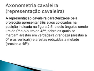 A representação cavaleira caracteriza-se pela
projecção apresentar três eixos colocados na
posição indicada na figura 2.5, e dois ângulos sendo
um de 0º e o outro de 45º, sobre os quais se
marcam arestas em verdadeira grandeza (arestas a
0º e as verticais) e arestas reduzidas a metade
(arestas a 45º).

 