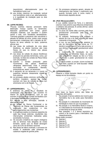 (equinócios), alternadamente para os
hemisférios norte e sul.
04. aos limites máximos da insolação vertical
nos hemisférios norte e sul, alternadamente,
e à igualdade da insolação para os dois
hemisférios.
06 - (UFPE PE/2002)
“Poucos eventos naturais provocam tanta
destruição maciça quanto os terremotos.
Atacando geralmente sem avisar, geram
vibrações violentas, que sacodem e podem
rachar o solo, com resultados devastadores.
Tremores grandes e pequenos vêm sacudindo o
planeta há bilhões de anos, porém suas causas
permaneciam misteriosas até a década de 60.”
Acerca do tema referido no texto, podemos
afirmar que:
00. nas áreas de subdução de uma placa
litosférica, os abalos sísmicos são mais
fracos do que no interior das placas
continentais.
01. nas áreas de colisão de placas litosféricas
produzem-se grandes terremotos, como, por
exemplo, na faixa de contato da Placa Índica
com a Eurasiática.
02. quando a tensão produzida pelos
movimentos das placas litosféricas
ultrapassa determinado nível, a energia
acumulada é subitamente liberada,
produzindo-se, assim, um terremoto.
03. o epicentro de um terremoto é o ponto na
superfície terrestre diretamente acima do
foco sísmico.
04. os principais abalos sísmicos verificados no
território brasileiro, apesar de fracos,
ocorrem em face da colisão da placa sul-
americana com a de Nazca.
07 - (UFRGS/RS/2001)
A dinâmica do relevo é o resultado da
combinação dos processos que ocorrem no
interior da Terra (endógenos), com os que
ocorrem no ambiente de contato da litosfera com
a atmosfera e a hidrosfera (exógenos).
Em relação a esta afirmação, assinale a
alternativa correta.
a) As teorias da Deriva Continental e da
Tectônica de Placas são fundamentais na
explicação das avalanches e dos
escorregamentos nas montanhas.
b) A orogênese explica os diversos aspectos da
ação das forças externas, resultantes das
intervenções ambientais realizadas pelas
sociedades humanas.
c) Os escudos cristalinos de origem endógena
são os terrenos mais atingidos da crosta
terrestre, sendo que no Brasil abrangem
cerca de 3,5% do território nacional.
d) Nas áreas de relevo inclinado, o processo de
erosão é acelerado pala presença da
cobertura vegetal de grande porte.
e) Os processos exógenos geram, através do
intemperismo das rochas, o sedimento que,
quando formado junto à rocha matriz, é
denominado depósito eluvial.
08 - (PUC RS/Janeiro/2001)
A Lua, satélite natural da Terra, é o elemento
cósmico mais próximo que influencia diretamente
o cotidiano das pessoas. É correto afirmar, sobre
essa influência, que:
a) os picos de marés altas ocorrem pela força
gravitacional provocada pela Lua nas
quadraturas.
b) os eclipses, fenômenos que auxiliam o
estudo da Lua e do Sol, ocorrem nas fases
crescente e minguante.
c) a Lua, na sua fase crescente, aparece no
céu do Hemisfério Sul em forma de “C”,
devido à sombra que a Terra nela provoca, o
que diminui o seu poder gravitacional sobre
esta.
d) o movimento de translação da Lua
proporciona as diferentes fases, as quais,
pela posição em relação ao Sol e à Terra,
modificam o poder gravitacional do nosso
planeta.
e) o eclipse anelar, ou anular, ocorre na fase da
Lua cheia, quando um “anel dourado” reflete
os limites do Sol.
09 - (UFRGS/RS/2001)
Observe a órbita terrestre desde um ponto no
espaço ao sul da eclíptica.
2
1
3
44
Sentido da Órbita
Com base na figura acima, são feitas as
seguintes afirmações.
I. Na posição 4 temos solstício de inverno para
Hemisfério Sul e de verão para Hemisfério
Norte.
II. Na posição 4 a velocidade do movimento de
translação é maior do que na posição 2.
III. Na posição 3 no Hemisfério Norte é inverno,
e a velocidade do movimento de translação é
a mais lenta ao longo da órbita.
IV. Nas posições 1 e 2 temos equinócio de
outono e de inverno para o Hemisfério Sul,
respectivamente.
Quais estão corretas?
a) Apenas I.
b) Apenas II.
c) Apenas III.
d) Apenas II e III.
e) Apenas II e IV.
 