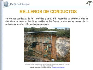 RELLENOS DE CONDUCTOS
Relleno de arcillas y coluviones en la “Gran Dolina” del complejo kárstico de la Sierra
de Atapuerca (Burgos)
Imagen del IGME (J Vegas y otros) el 31/12/2007 en IELIG IB209. Licencia del IGME
En muchos conductos de las cavidades y otros más pequeños de acceso a ellas, se
depositan sedimentos detríticos: arcillas en las fisuras, arenas en los suelos de las
cavidades y brechas rellenando algunas simas.
 