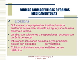   FORMAS FARMACEUTICAS O FORMAS MEDICAMENTOSAS LIQUIDAS Soluciones :son preparados líquidos donde la sustancia activa esta  disuelta en agua y son de usos externo e interno. Jarabe: son soluciones o suspensiones  acuosas con un 64% de azúcar Infusiones: soluciones acuosas cuyos principios activos son extraidos  de vegetales. Colirios: soluciones acuosas estériles de uso oftálmico. ELVIRA VERGES- Farmacologia y  T. Kinesica- UNNE 