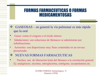 FORMAS FARMACEUTICAS O FORMAS MEDICAMENTOSAS GASEOSAS – en general la vía pulmonar es más rápida que la oral Gases: como el oxígeno o el óxido nitroso Inhalaciones: son soluciones de fármacos se administran por  nebulizaciones. Aerosoles: son dispersiones muy finas contenidas en un envase  presurizado. NUEVAS FORMAS FARMACEUTICAS Parches: son  de liberación lenta del fármaco a la circulación general Ej: analgésicos, nicotina, nitroglicerina, estrógeno, escopolamina etc. ELVIRA VERGES- Farmacologia y  T. Kinesica- UNNE 