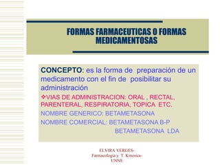 FORMAS FARMACEUTICAS O FORMAS MEDICAMENTOSAS ,[object Object],[object Object],[object Object],[object Object],[object Object],ELVIRA VERGES- Farmacologia y  T. Kinesica- UNNE 