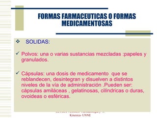 FORMAS FARMACEUTICAS O FORMAS MEDICAMENTOSAS SOLIDAS: Polvos: una o varias sustancias mezcladas :papeles y granulados. Cápsulas: una dosis de medicamento  que se reblandecen, desintegran y disuelven a distintos niveles de la vía de administración .Pueden ser: cápsulas amiláceas , gelatinosas, cilíndricas o duras, ovoideas o esféricas. ELVIRA VERGES- Farmacologia y  T. Kinesica- UNNE 