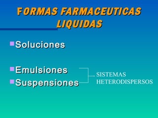 F ORMAS FARMACEUTICAS
        LIQUIDAS
 Soluciones


 Emulsiones
                 SISTEMAS
 Suspensiones   HETERODISPERSOS
 