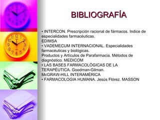 BIBLIOGRAFÍA •  INTERCON. Prescripción racional de fármacos. Indice de especialidades farmacéuticas. EDIMSA •  VADEMECUM INTERNACIONAL. Especialidades farmacéuticas y biológicas. Productos y Artículos de Parafarmacia. Métodos de diagnóstico. MEDICOM •  LAS BASES FARMACOLÓGICAS DE LA TERAPÉUTICA. Goodman-Gilman. McGRAW-HILL INTERAMÉRICA •  FARMACOLOGIA HUMANA. Jesús Flórez. MASSON 