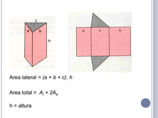 Area lateral = (a + b + c). h

Area total = Al + 2Ab

h = altura
 