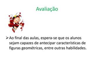 Avaliação



Ao final das aulas, espera-se que os alunos
 sejam capazes de antecipar características de
 figuras geométricas, entre outras habilidades.
 