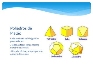 Cada um deles tem seguintes
propriedades:
. Todas as faces tem o mesmo
numero de arestas
. De cada vértice, sempre parte o
número de arestas
Poliedros de
Platão
 