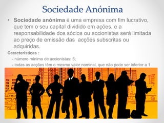 • Sociedade anónima é uma empresa com fim lucrativo,
que tem o seu capital dividido em ações, e a
responsabilidade dos sócios ou accionistas será limitada
ao preço de emissão das acções subscritas ou
adquiridas.
Características :
- número mínimo de accionistas: 5;
- todas as acções têm o mesmo valor nominal, que não pode ser inferior a 1
cêntimo;
- não são permitidas contribuições em espécie como forma de realizar o
capital;
- não são admitidas contribuições de indústria;
- podem ser constituídas recorrendo à subscrição pública;
Sociedade Anónima
 