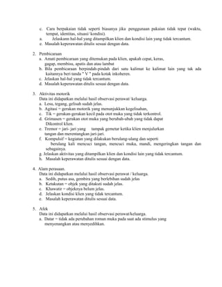c. Cara berpakaian tidak seperti biasanya jika.
penggunaan pakaian tidak tepat (waktu,
tempat, identitas, situasi/ kondisi).
a. Jelaskann hal-hal yang ditampilkan klien dan kondisi lain yang tidak tercantum.
e. Masalah keperawatan ditulis sesuai dengan data.
2. Pembicaraan
a. Amati pembicaraan yang ditemukan pada klien, apakah cepat, keras,
gagap, membisu, apatis dan atau lambat
b. Bila pembicaraan berpindah-pindah dari satu kalimat ke kalimat lain yang tak ada
kaitannya beri tanda " V " pada kotak inkoheren.
c. Jelaskan hal-hal yang tidak tercantum.
d. Masalah keperawatan ditulis sesuai dengan data.
3. Aktivitas motorik
Data ini didapatkan melalui hasil observasi perawat/ keluarga.
a. Lesu, tegang, gelisah sudah jelas.
b. Agitasi = gerakan motorik yang menunjukkan kegelisahan,
c. Tik = gerakan-gerakan kecil pada otot muka yang tidak terkontrol.
d. Grimasen = gerakan otot muka yang berubah-ubah yang tidak dapat
Dikontrol klien.
e. Tremor = jari- jari yang tampak gemetar ketika klien menjulurkan
tangan dan merentangkan jari-jari.
f. Kompulsif = kegiatan yang dilakukan berulang-ulang dan seperti
berulang kali mencuci tangan, mencuci muka, mandi, mengeringkan tangan dan
sebagainya.
g. Jelaskan aktivitas yang ditampilkan klien dan kondisi lain yang tidak tercantum.
h. Masalah keperawatan ditulis sesuai dengan data.
4. Alam perasaan.
Data ini didapatkan melalui hasil observasi perawat / keluarga.
a. Sedih, putus asa, gembira yang berlebihan sudah jelas
b. Ketakutan = objek yang ditakuti sudah jelas.
c. Khawatir = objeknya belum jelas.
d. Jelaskan kondisi klien yang tidak tercantum.
e. Masalah keperawatan ditulis sesuai data.
5. Afek
Data ini didapatkan melalui hasil observasi perawat/keluarga.
a. Datar = tidak ada perubahan roman muka pada saat ada stimulus yang
menyenangkan atau menyedihkan.
 