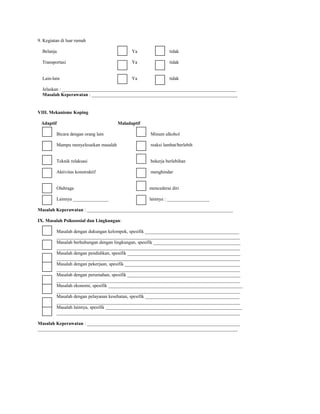 9. Kegiatan di luar rumah
Belanja Ya tidak
Transportasi Ya tidak
Lain-lain Ya tidak
Jelaskan : __________________________________________________________________________
Masalah Keperawatan : ______________________________________________________________
VIII. Mekanisme Koping
Adaptif Maladaptif
Bicara dengan orang lain Minum alkohol
Mampu menyelesaikan masalah reaksi lambat/berlebih
Teknik relaksasi bekerja berlebihan
Aktivitas konstruktif menghindar
Olahraga mencederai diri
Lainnya _______________ lainnya : __________________
Masalah Keperawatan : ______________________________________________________________
IX. Masalah Psikososial dan Lingkungan:
Masalah dengan dukungan kelompok, spesifik ________________________________________
______________________________________________________________________________
Masalah berhubungan dengan lingkungan, spesifik _____________________________________
______________________________________________________________________________
Masalah dengan pendidikan, spesifik ________________________________________________
______________________________________________________________________________
Masalah dengan pekerjaan, spesifik _________________________________________________
______________________________________________________________________________
Masalah dengan perumahan, spesifik ________________________________________________
______________________________________________________________________________
Masalah ekonomi, spesifik _________________________________________________________
______________________________________________________________________________
Masalah dengan pelayanan kesehatan, spesifik ________________________________________
______________________________________________________________________________
Masalah lainnya, spesifik __________________________________________________________
______________________________________________________________________________
Masalah Keperawatan : _________________________________________________________________
_____________________________________________________________________________________
 