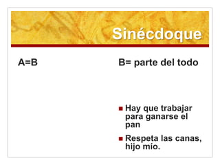 Sinécdoque
A=B   B= parte del todo



         Hay que trabajar
          para ganarse el
          pan
         Respeta las canas,
          hijo mío.
 