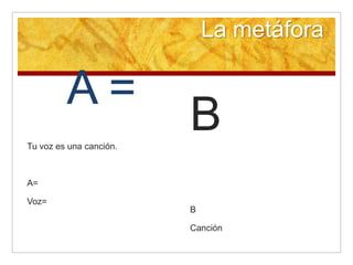La metáfora

         A=
Tu voz es una canción.
                         B
A=

Voz=
                         B

                         Canción
 