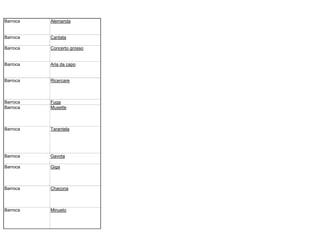 Barroca   Alemanda


Barroca   Cantata

Barroca   Concerto grosso


Barroca   Aria da capo


Barroca   Ricercare



Barroca   Fuga
Barroca   Musette



Barroca   Tarantela




Barroca   Gavota

Barroca   Giga



Barroca   Chacona



Barroca   Minueto
 