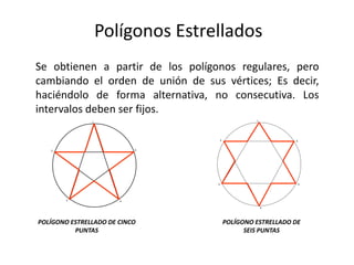 Polígonos EstrelladosSe obtienen a partir de los polígonos regulares, pero cambiando el orden de unión de sus vértices; Es decir, haciéndolo de forma alternativa, no consecutiva. Los intervalos deben ser fijos.POLÍGONO ESTRELLADO DE CINCO PUNTASPOLÍGONO ESTRELLADO DE SEIS PUNTAS