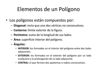Elementos de un PolígonoLos polígonos están compuestos por:Diagonal: recta que une dos vértices no consecutivos.Contorno: límite exterior de la figura.Perímetro: suma de la longitud de sus lados.Área: superficie interior del polígono.Ángulos:INTERIOR: los formados en el interior del polígono entre dos lados adyacentes.EXTERIOR: los formados en el exterior del polígono por un lado cualquiera y la prolongación de su lado adyacente.CENTRAL: el que forman dos apotemas o radios consecutivos.