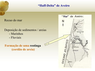 “Haff-Delta” de Aveiro
Recuo do mar
Deposição de sedimentos / areias
- Marinhos
- Fluviais
Formação de uma restinga
(cordão de areia)
 