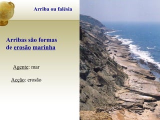 Arriba ou falésia
Arribas são formas
de erosão marinha
Agente: mar
Acção: erosão
 