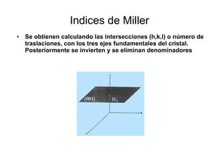 Indices de Miller Se obtienen calculando las  i ntersecciones (h,k,l) o número de traslaciones, con los tres ejes fundamentales del cristal. Posteriormente se invierten y se eliminan denominadores 