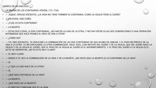 EJEMPLO DE UN DIÁLOGO.
• LA PRUEBA DE LOS CONTRARIOS (FEDÓN, 71C-73A)
• — ¡Y QUÉ!, REPUSO SÓCRATES: ¿LA VIDA NO TIENE TAMBIÉN SU CONTRARIA, COMO LA VIGILIA TIENE EL SUEÑO?
• — SIN DUDA, DIJO CEBES.
• — ¿CUÁL ES ESTA CONTRARIA?
• — LA MUERTE.
• — ESTAS DOS COSAS, SI SON CONTRARIAS, ¿NO NACEN LA UNA DE LA OTRA, Y NO HAY ENTRE ELLAS DOS GENERACIONES O UNA OPERACIÓN
INTERMEDIA QUE HACE POSIBLE EL PASO DE UNA A OTRA?
• — ¿CÓMO NO?
• — YO, DIJO SÓCRATES, TE EXPLICARÉ LA COMBINACIÓN DE LAS DOS CONTRARIAS DE QUE ACABO DE HABLAR, Y EL PASO RECÍPROCO DE LA
UNA A LA OTRA; TÚ ME EXPLICARÁS LA OTRA COMBINACIÓN. DIGO, PUES, CON MOTIVO DEL SUEÑO Y DE LA VIGILIA, QUE DEL SUEÑO NACE LA
VIGILIA Y DE LA VIGILIA EL SUEÑO; QUE EL PASO DE LA VIGILIA AL SUEÑO ES EL ADORMECIMIENTO, Y EL PASO DEL SUEÑO A LA VIGILIA ES EL
ACTO DE DESPERTAR. ¿NO ES ESTO MUY CLARO?
• — SÍ, MUY CLARO.
• — DINOS A TU VEZ LA COMBINACIÓN DE LA VIDA Y DE LA MUERTE. ¿NO DICES QUE LA MUERTE ES LO CONTRARIO DE LA VIDA?
• — SÍ.
• — ¿Y QUE LA UNA NACE DE LA OTRA?
• — SÍ.
• — ¿QUÉ NACE ENTONCES DE LA VIDA?
• — LA MUERTE.
• — ¿QUÉ NACE DE LA MUERTE?
 