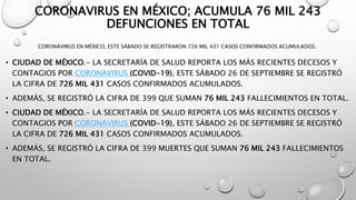 CORONAVIRUS EN MÉXICO; ACUMULA 76 MIL 243
DEFUNCIONES EN TOTAL
CORONAVIRUS EN MÉXICO, ESTE SÁBADO SE REGISTRARON 726 MIL 431 CASOS CONFIRMADOS ACUMULADOS.
• CIUDAD DE MÉXICO.- LA SECRETARÍA DE SALUD REPORTA LOS MÁS RECIENTES DECESOS Y
CONTAGIOS POR CORONAVIRUS (COVID-19), ESTE SÁBADO 26 DE SEPTIEMBRE SE REGISTRÓ
LA CIFRA DE 726 MIL 431 CASOS CONFIRMADOS ACUMULADOS.
• ADEMÁS, SE REGISTRÓ LA CIFRA DE 399 QUE SUMAN 76 MIL 243 FALLECIMIENTOS EN TOTAL.
• CIUDAD DE MÉXICO.- LA SECRETARÍA DE SALUD REPORTA LOS MÁS RECIENTES DECESOS Y
CONTAGIOS POR CORONAVIRUS (COVID-19), ESTE SÁBADO 26 DE SEPTIEMBRE SE REGISTRÓ
LA CIFRA DE 726 MIL 431 CASOS CONFIRMADOS ACUMULADOS.
• ADEMÁS, SE REGISTRÓ LA CIFRA DE 399 MUERTES QUE SUMAN 76 MIL 243 FALLECIMIENTOS
EN TOTAL.
 