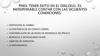 PARA TENER ÉXITO EN EL DIÁLOGO, ES
INDISPENSABLE CONTAR CON LAS SIGUIENTES
CONDICIONES:
• DISPOSICIÓN AL CAMBIO.
• LA EXISTENCIA DE UN CÓDIGO COMÚN.
• CONTEMPLACIÓN DE UN MODO DE REFERENCIA RECÍPROCO.
• RESPUESTA O RETROALIMENTACIÓN.
• LIBERTAD DE EXPRESIÓN.
• LA REDUNDANCIA.
 