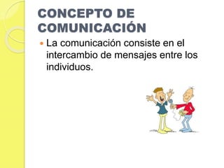 CONCEPTO DE 
COMUNICACIÓN 
 La comunicación consiste en el 
intercambio de mensajes entre los 
individuos. 
 